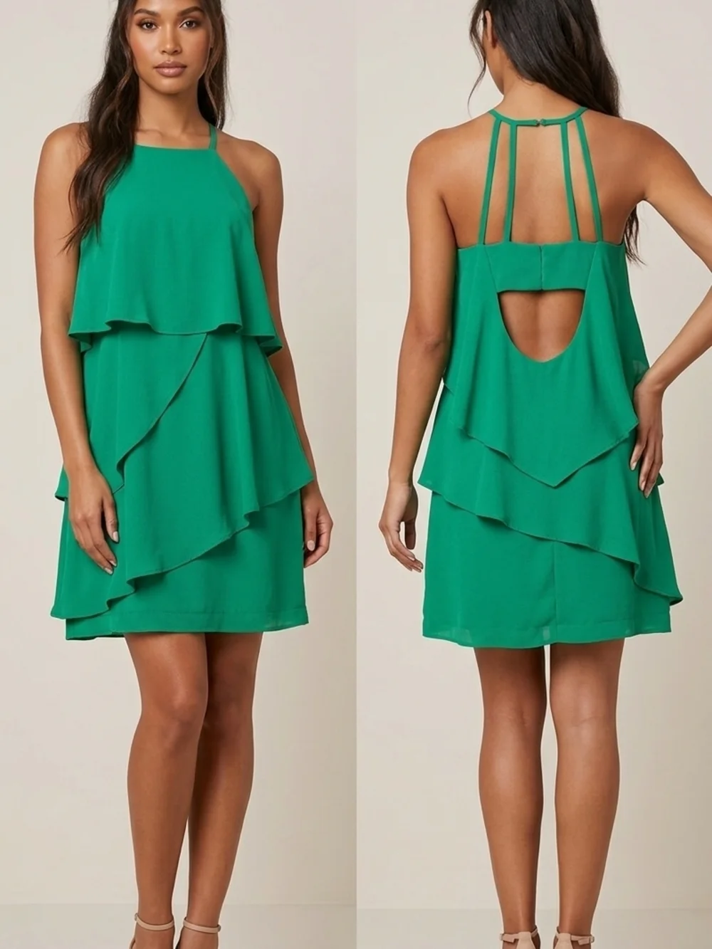 Adelyn Rae Emerald Green Layered Ruffle Halter Dress - Picture 1 of 5